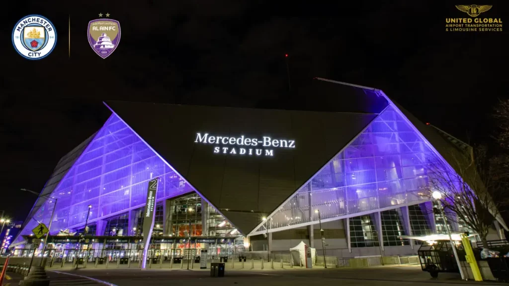 Black limo parked outside Mercedes-Benz Stadium Atlanta for Manchester City vs Al Ain match at the 2025 Club World Cup